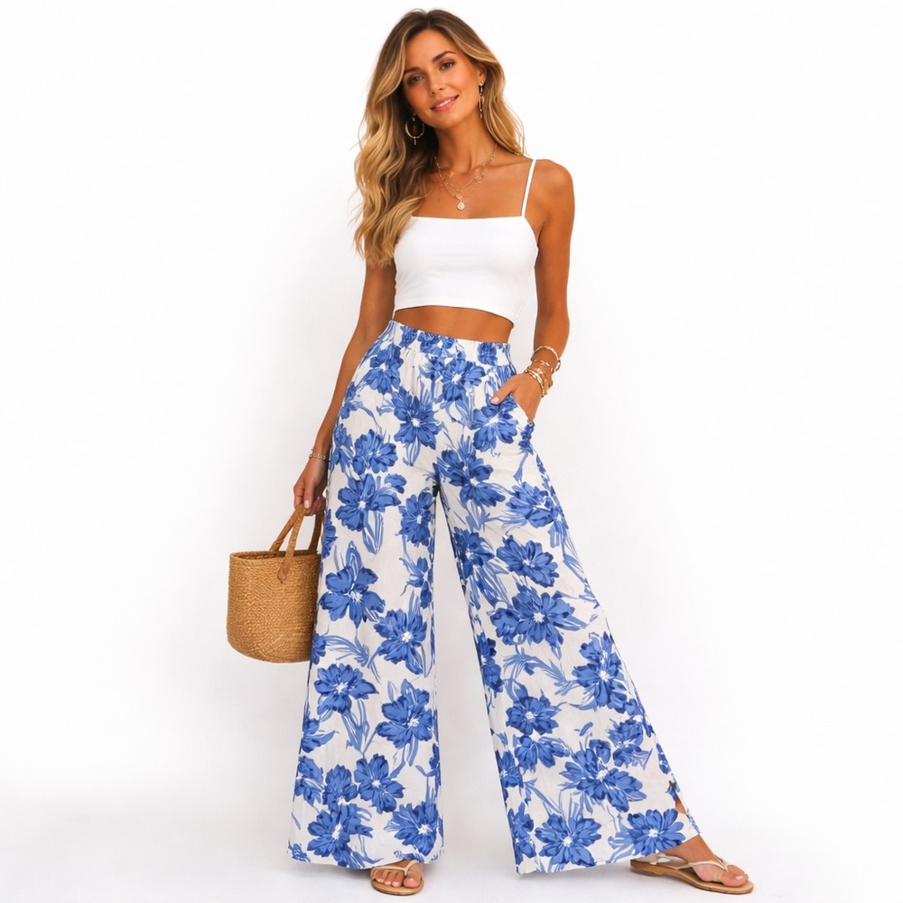 Midnight Sky XS Blue White Floral Wide Leg‎ Pants Boho Coastal Cottage Palazzo
